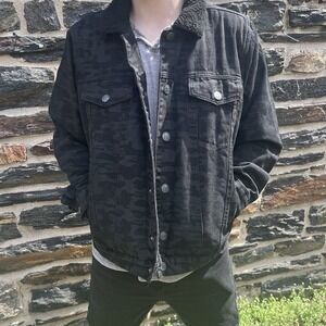 WAIMEA Mens Black Camo‎ Sherpa Lined Jean Jacket L Denim Biker